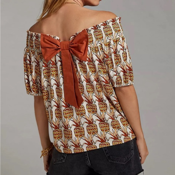 Porridge Anthropologie Pineapple Print Bow-back Off the Shoulder Shirt Large - Picture 5 of 10